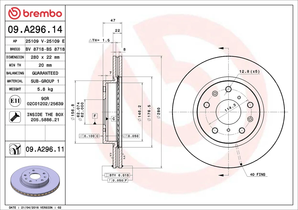 Brzdový kotouč BREMBO 09.A296.11