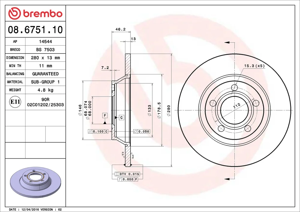 Brzdový kotouč BREMBO 08.6751.10 – OE 8D0615301A