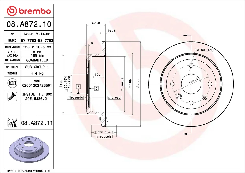 Brzdový kotouč BREMBO 08.A872.11
