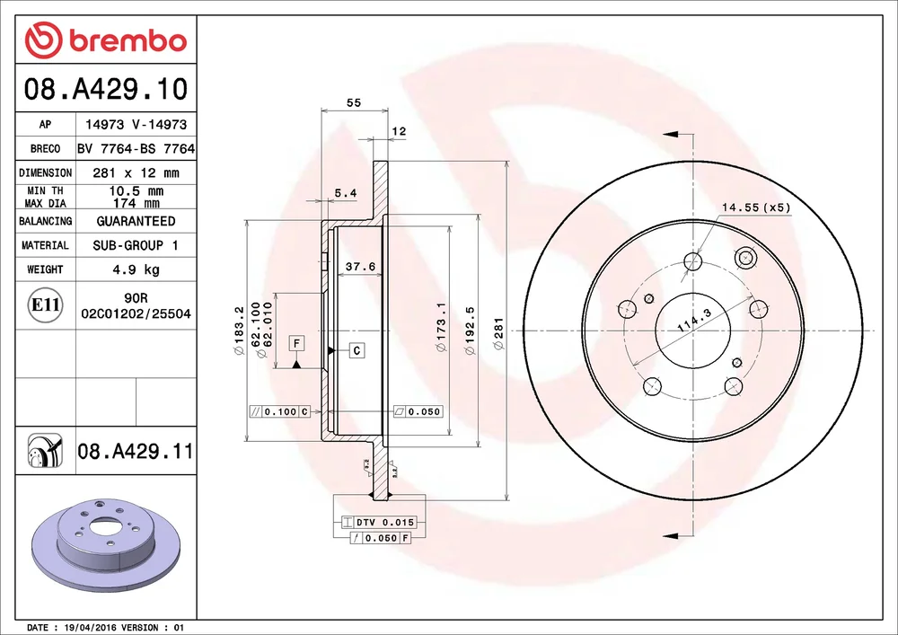 Brzdový kotouč BREMBO 08.A429.10