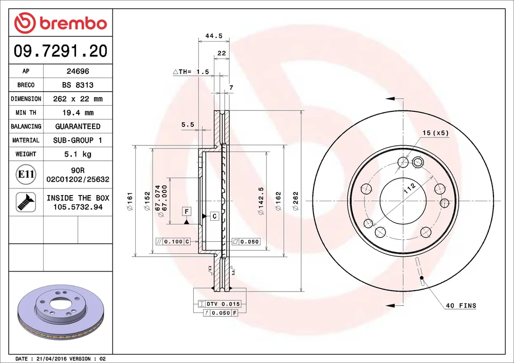 Brzdový kotouč BREMBO 09.7291.20 Brzdový kotouč BREMBO 09.7291.20