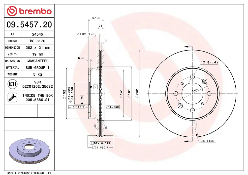 Brzdový kotouč BREMBO 09.5457.20 – OE 45251SK3E00