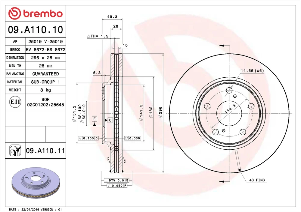 Brzdový kotouč BREMBO 09.A110.11