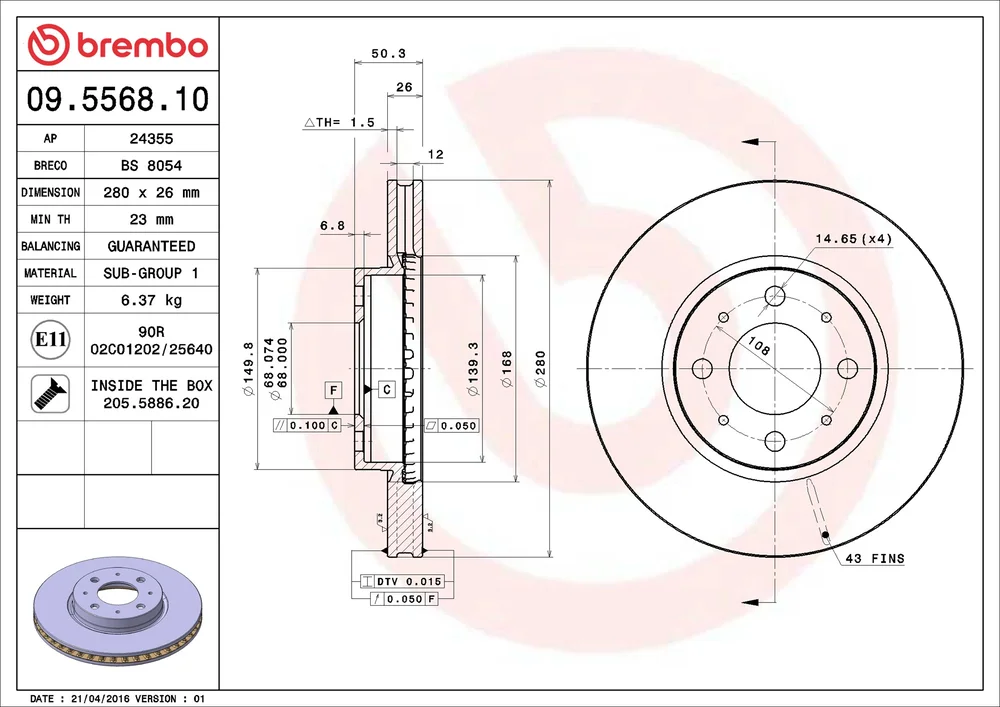 Brzdový kotouč BREMBO 09.5568.10 Brzdový kotouč BREMBO 09.5568.10