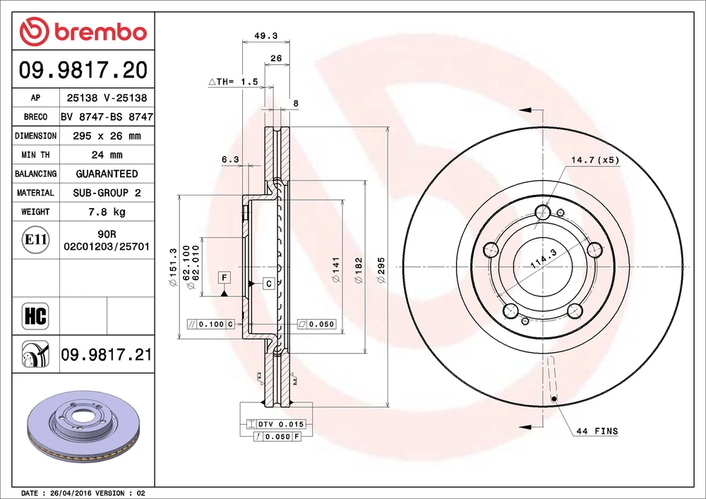 Brzdový kotouč BREMBO 09.9817.21 – OE 435120F010
